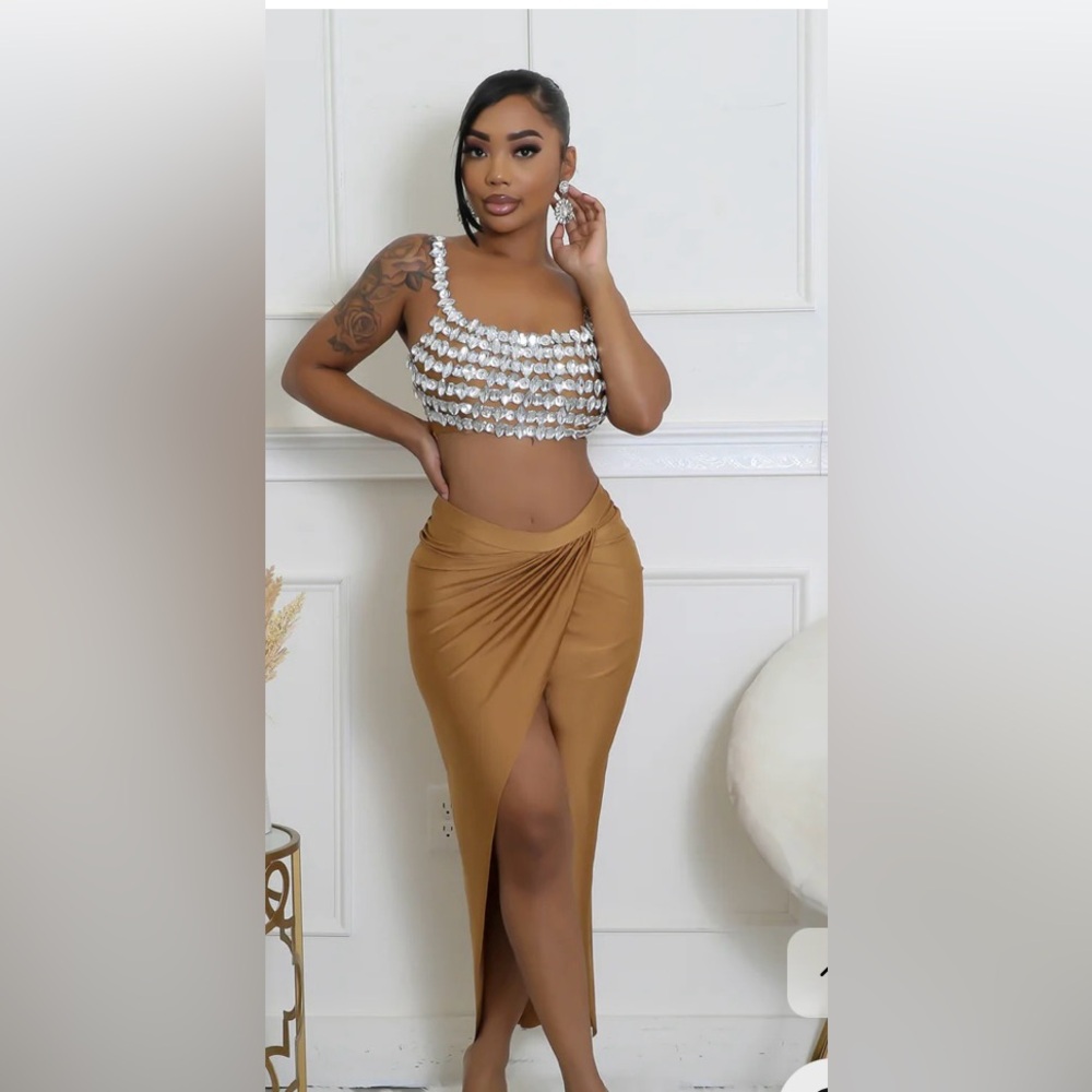 Elegant Tan/ Gold Skirt Set